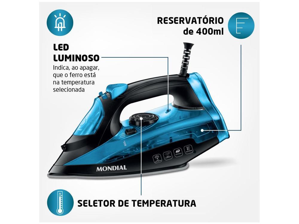 Ferro de Passar Roupa a Vapor Mondial F-53 Preto e Azul - 15