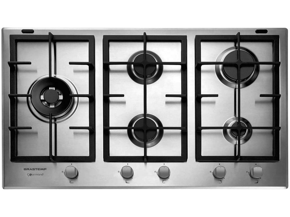 Cooktop 5 Bocas a Gás Natural GLP Brastemp Inox Dupla Chama Acendimento Automático com Trempes de Ferro Fundido Gourmand BDK90 - 1