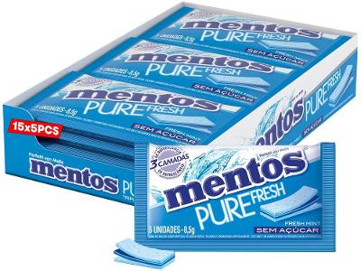Gomas de Mascar Mentos 3 Camadas Pure Fresh Mint Sem Açúcar Sabor de Menta Display 15 Unidades