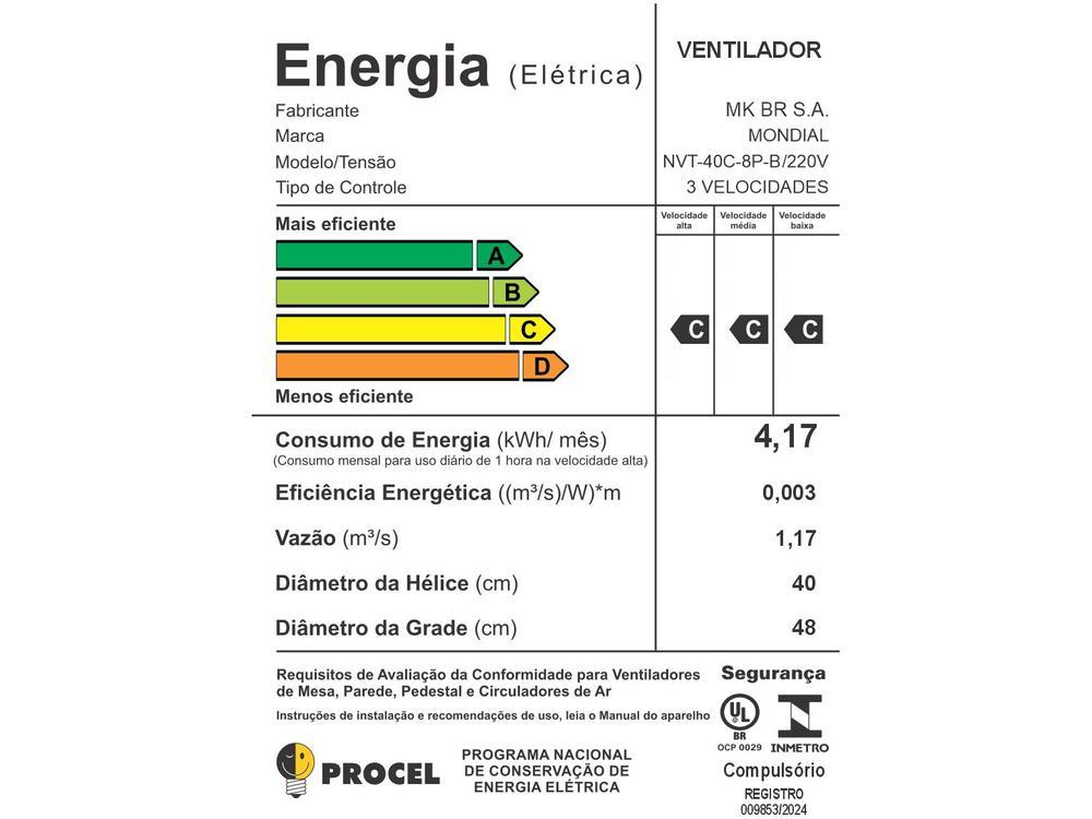 Ventilador de Coluna Mondial Turbo NVT-40C-8P-B 40cm 8 Pás 3 Velocidades Preto e Prata - 13