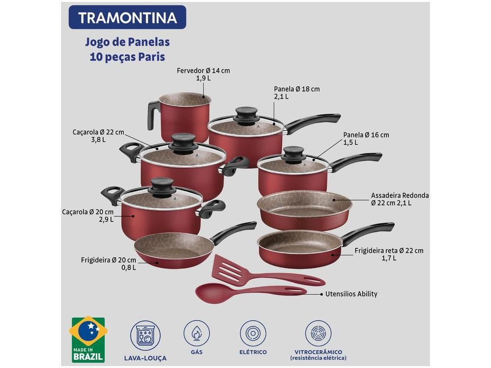 Jogo de Panelas Tramontina Antiaderente de Alumínio Vermelho 10 Peças Paris - 6