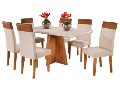Mesa de Jantar 6 Cadeiras Retangular Tampo de MDF com Vidro Mel e Off White Viena