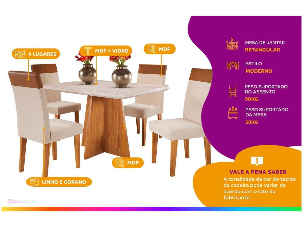 Mesa de Jantar 4 Cadeiras Retangular Tampo de MDF com Vidro Mel e Off White Viena - 2