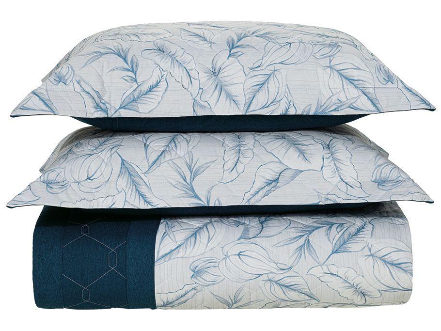 Colcha Casal Karsten 100% Algodão Arboris Branco e Azul Marinho 3 Peças - 1