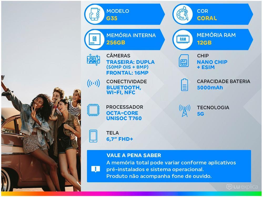 Smartphone Motorola Moto G35 256GB Coral 5G 4GB RAM+8GB Ram Boost 5G 6,7" Câm. Dupla + Selfie 16MP - 11