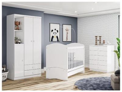 Quarto de Bebê Completo com Berço Cômoda e Guarda-roupa Henn Bala de Menta Branco