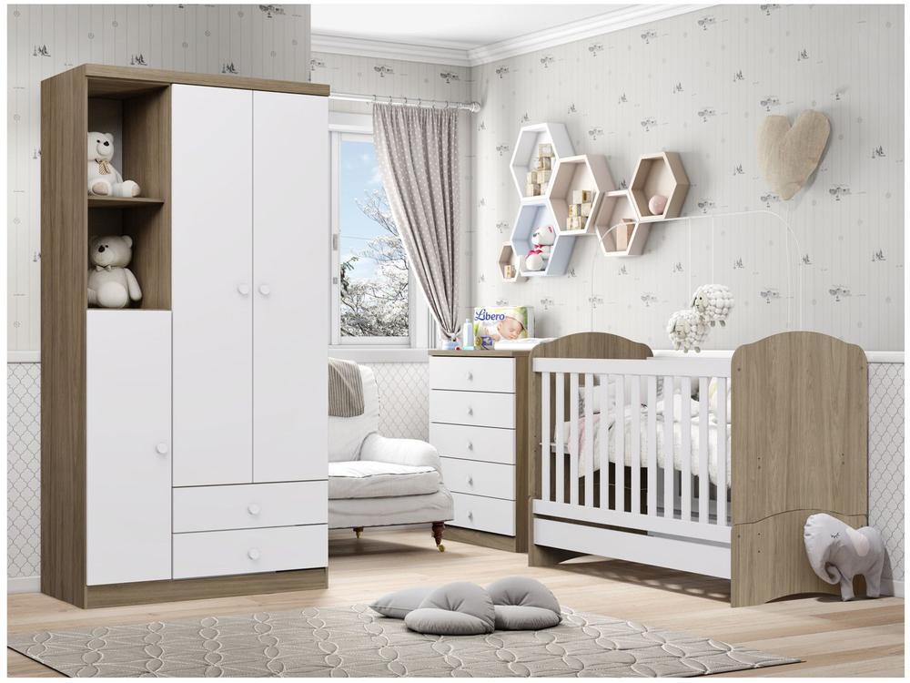 Quarto de Bebê Completo com Berço Cômoda e Guarda-roupa Henn Bala de Menta Rústico e Branco - 1