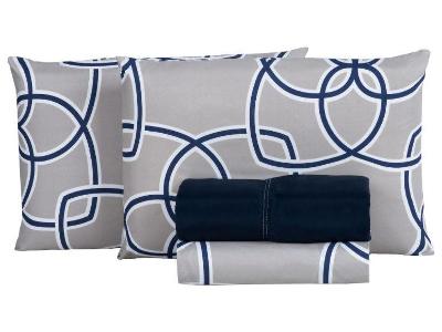 Jogo de Cama Queen Hypercal Marcelino Têxtil 400 Fios Egito Cinza e Azul 4 Peças