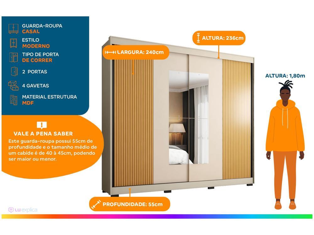 Guarda-roupa Casal com Espelho 4 Gavetas 2 Portas de Correr Araplac Benfica - 2