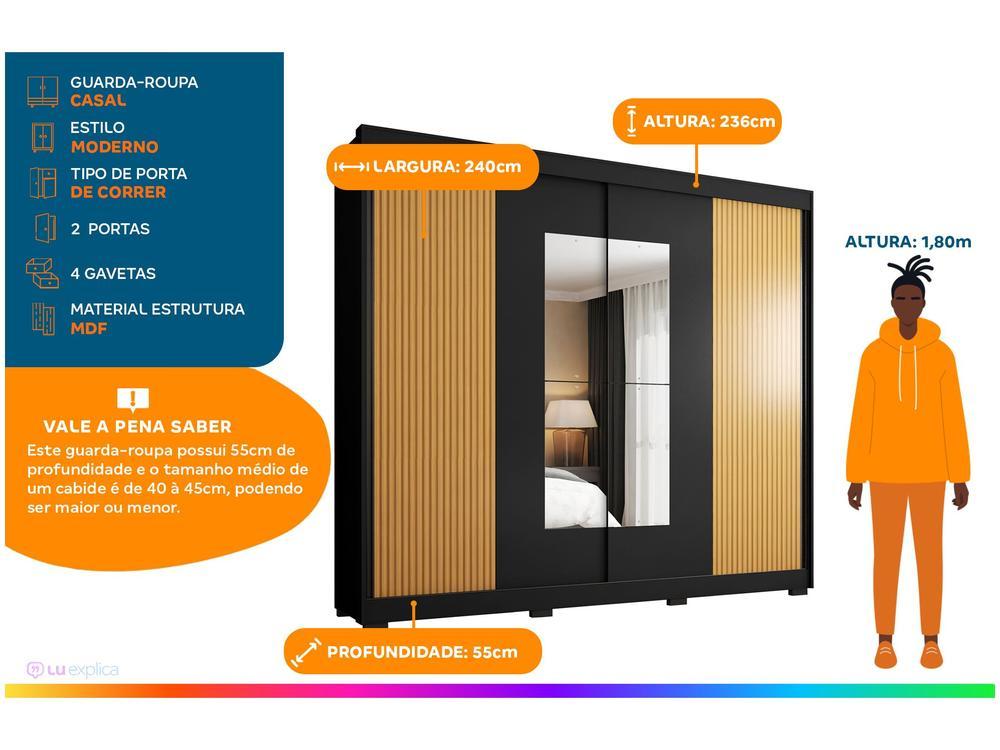 Guarda-roupa Casal com Espelho 4 Gavetas 2 Portas de Correr Araplac Benfica - 2