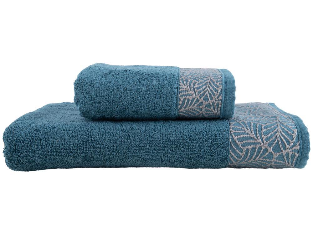 Jogo de Toalhas de Balho e Rosto Karsten de Algodão Folhas Azul Petróleo 2 Peças - 1