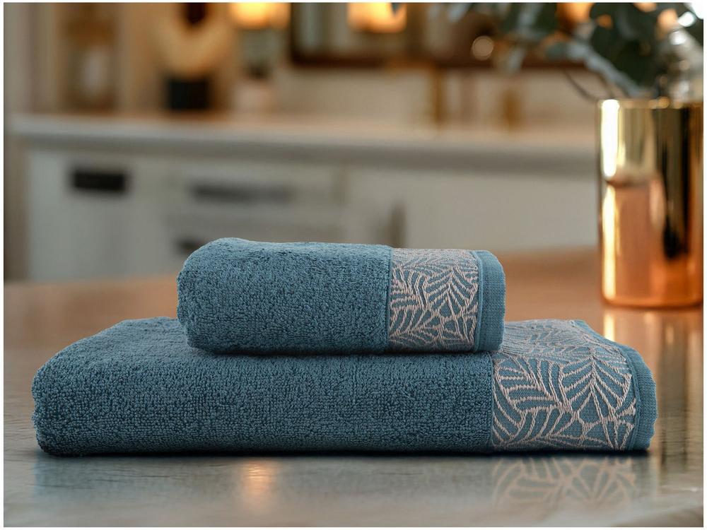 Jogo de Toalhas de Balho e Rosto Karsten de Algodão Folhas Azul Petróleo 2 Peças - 4