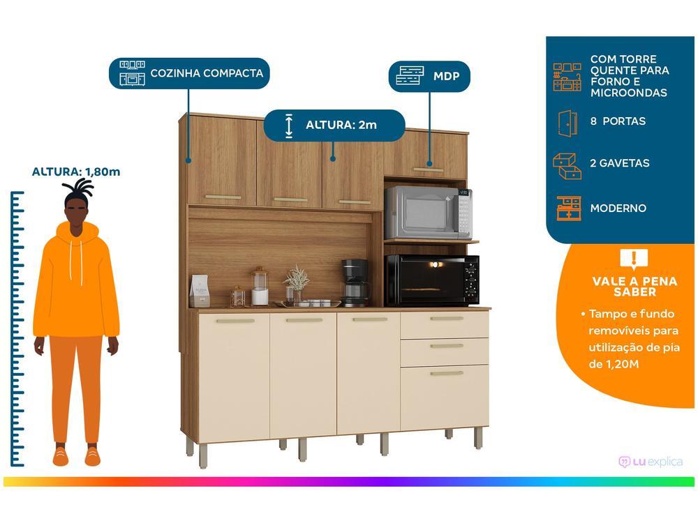 Armário de Cozinha Compacta Luciane Luna 8 Portas 2 Gavetas com Torre Quente - Opcional para Pia - 12