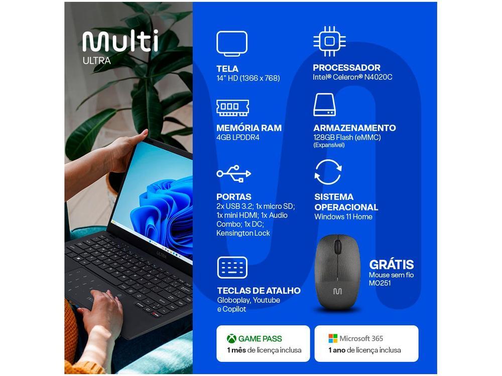 Notebook Multi Ultra UB251 4GB RAM 128GB eMMC 14" HD Windows 11 UB251 + Mouse Sem Fio - 3