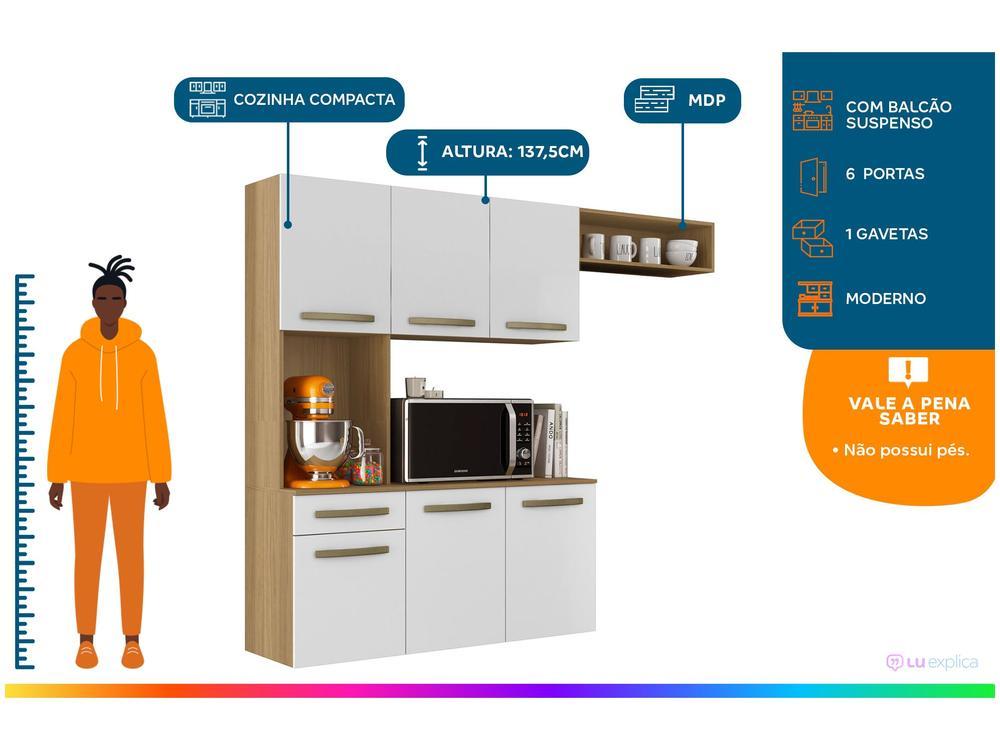Armário de Cozinha Compacta Aramóveis Carol com Balcão 6 Portas 1 Gaveta - 2