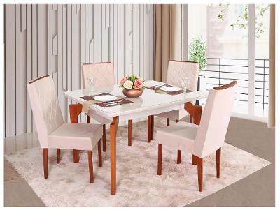 Mesa de Jantar 4 Cadeiras Retangular Madeira Maciça Mel e Off-White Tampo de Vidro Abeille Móveis São Carlos