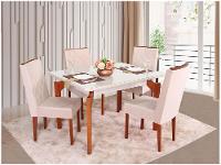 Mesa de Jantar 4 Cadeiras Retangular Madeira Maciça Mel e Off-White Tampo de Vidro Abeille Móveis São Carlos - 1