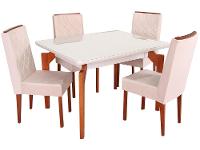 Mesa de Jantar 4 Cadeiras Retangular Madeira Maciça Mel e Off-White Tampo de Vidro Abeille Móveis São Carlos