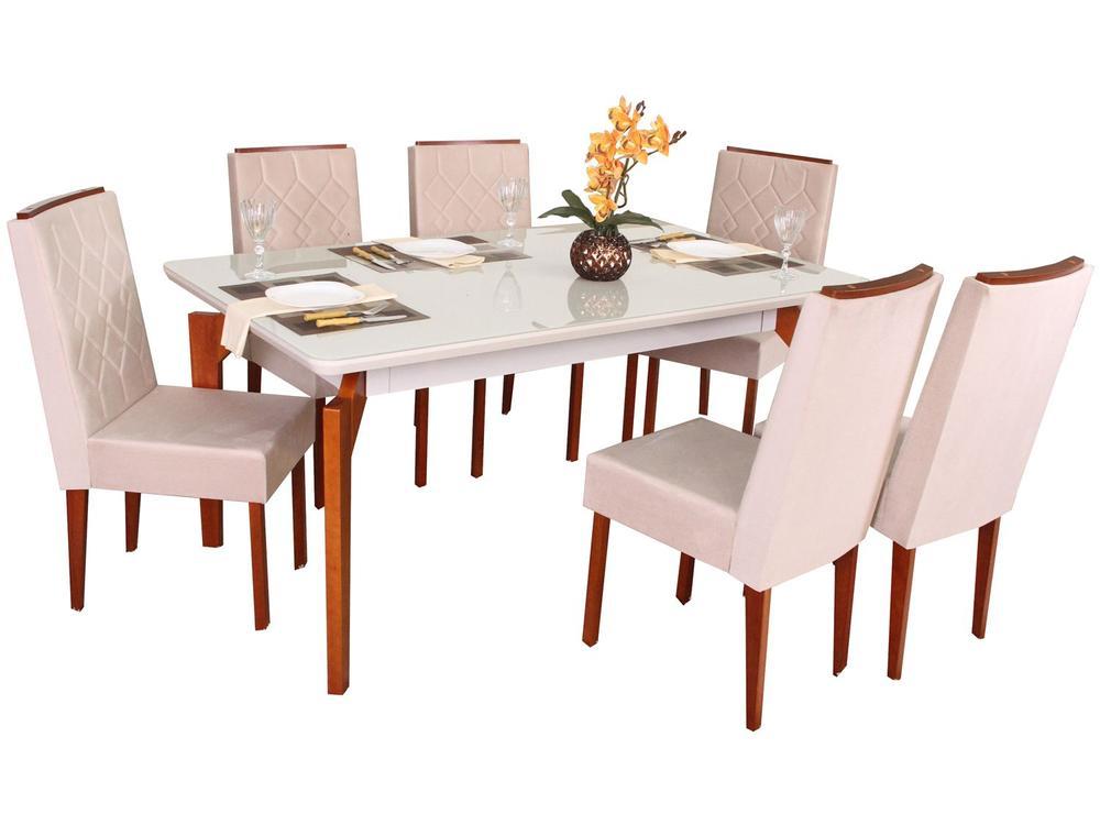 Mesa de Jantar 6 Cadeiras Retangular Madeira Maciça Mel e Off-White Tampo de Vidro Abeille Móveis São Carlos - 4