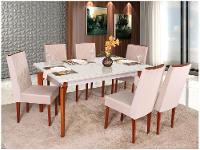Mesa de Jantar 6 Cadeiras Retangular Madeira Maciça Mel e Off-White Tampo de Vidro Abeille Móveis São Carlos - 1