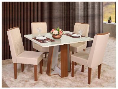 Mesa de Jantar 4 Cadeiras Retangular Naturalle e Off-White Tampo de Vidro Laís Móveis São Carlos