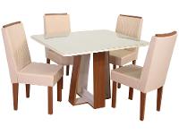 Mesa de Jantar 4 Cadeiras Retangular Naturalle e Off-White Tampo de Vidro Laís Móveis São Carlos