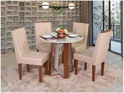 Mesa de Jantar 4 Cadeiras Redonda Naturalle e Off-White Tampo de Vidro Laís Móveis São Carlos