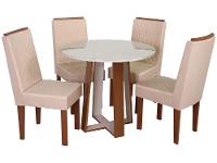 Mesa de Jantar 4 Cadeiras Redonda Naturalle e Off-White Tampo de Vidro Laís Móveis São Carlos