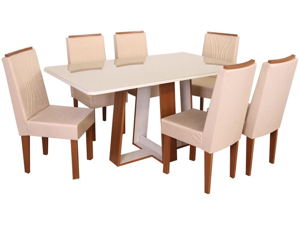 Mesa de Jantar 6 Cadeiras Retangular Naturalle e Off-White Tampo de Vidro Laís Móveis São Carlos - 4
