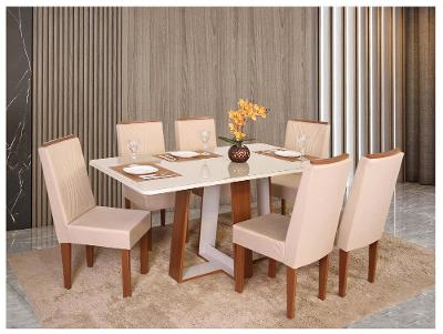 Mesa de Jantar 6 Cadeiras Retangular Naturalle e Off-White Tampo de Vidro Laís Móveis São Carlos
