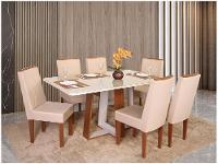 Mesa de Jantar 6 Cadeiras Retangular Naturalle e Off-White Tampo de Vidro Laís Móveis São Carlos - 1
