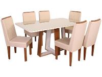 Mesa de Jantar 6 Cadeiras Retangular Naturalle e Off-White Tampo de Vidro Laís Móveis São Carlos