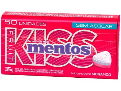 Bala Mentos Pastilhas Kiss Fruit Morango sem Açúcar 35g Lata com 50 Unidades