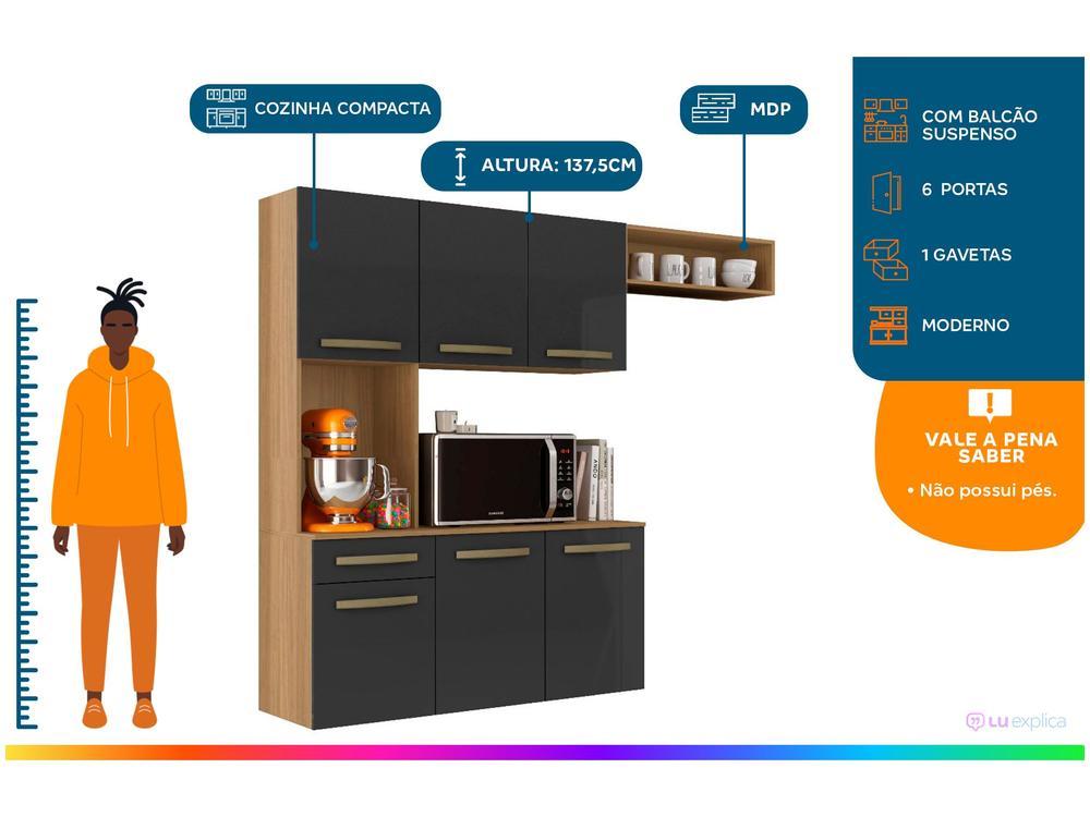 Armário de Cozinha Compacta Aramóveis Carol com Balcão 6 Portas 1 Gaveta - 2