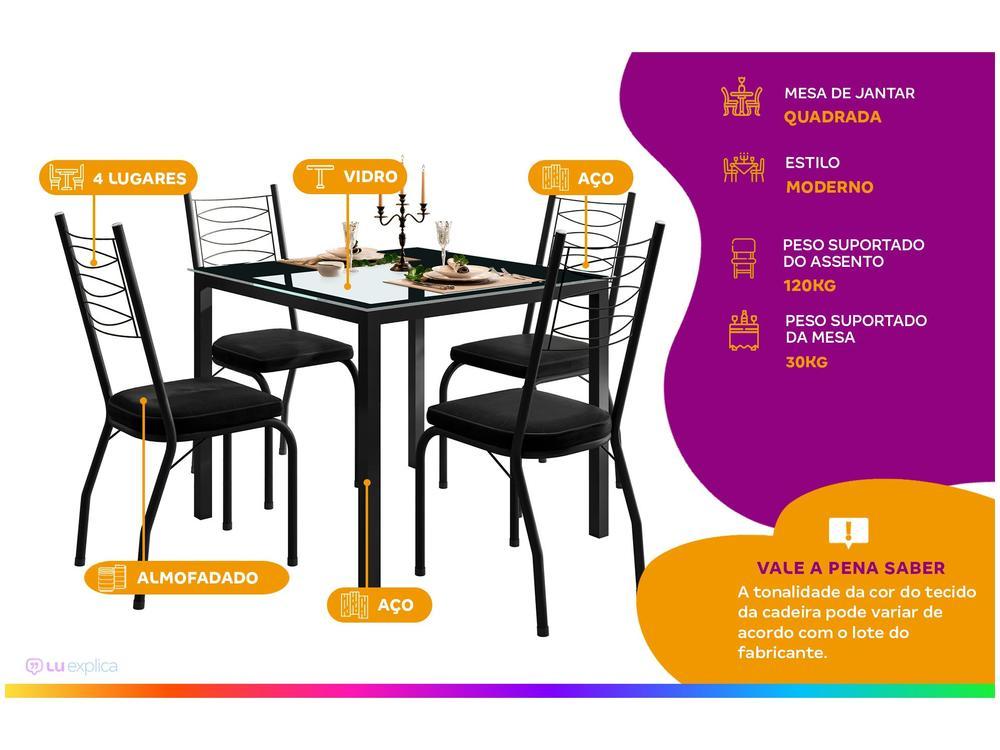 Mesa de Jantar 4 Cadeiras Quadrada Preta Tampo de Vidro Artefamol Florença - 2