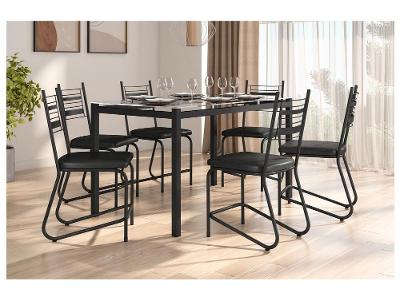 Mesa de Jantar 6 Cadeiras Retangular Preto Fosco Tampo de Vidro Artefamol Valência
