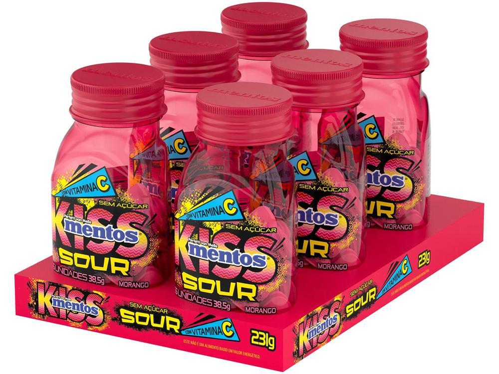 Bala Mentos Kiss Sour Morango sem Açúcar 38,5g Display com 6 Potes - 6