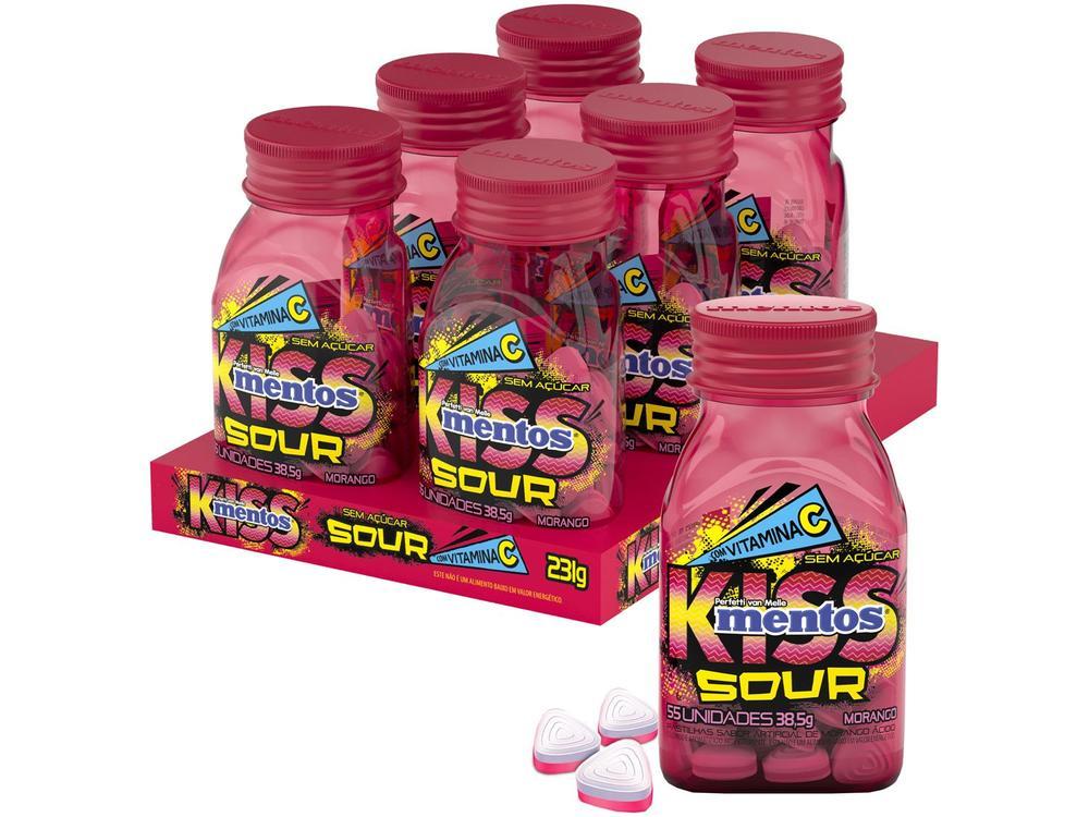 Bala Mentos Kiss Sour Morango sem Açúcar 38,5g Display com 6 Potes - 1