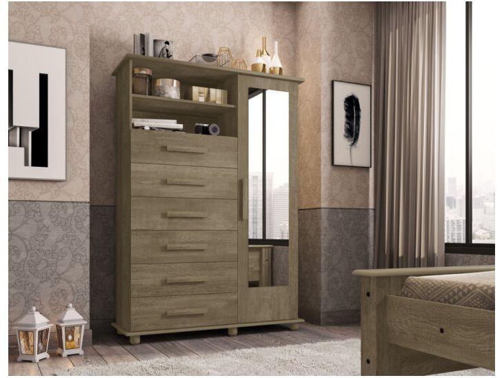 Cômoda com Espelho 6 Gavetas 1 Porta Móveis Lanza Atenas - 1