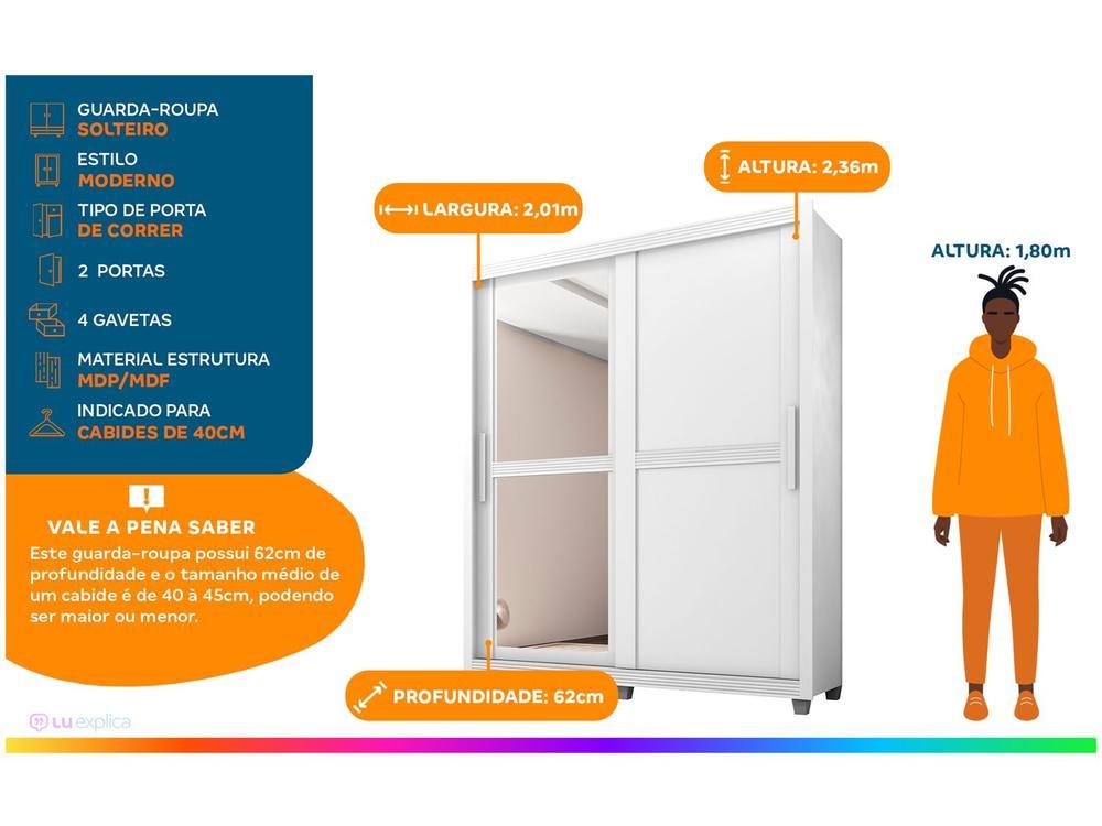 Guarda-roupa Solteiro com Espelho 4 Gavetas 2 Portas de Correr Móveis Lanza Zurique - 2