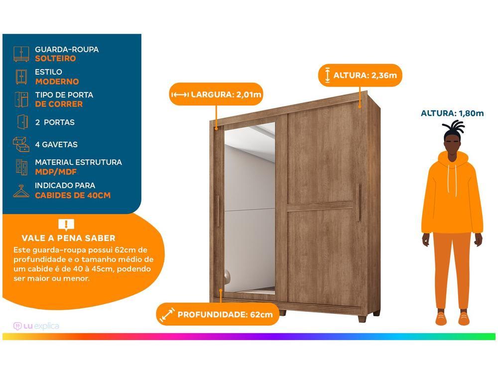 Guarda-roupa Solteiro com Espelho 4 Gavetas 2 Portas de Correr Móveis Lanza Zurique - 2