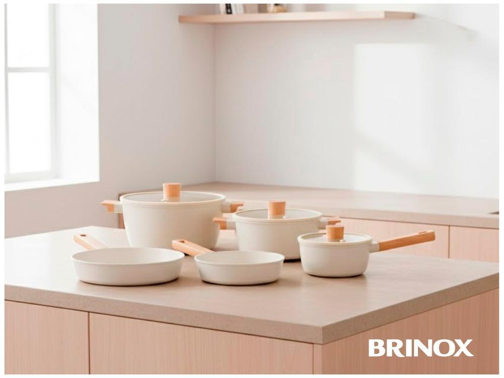 Jogo de Panelas Brinox Revestimento Cerâmico Creme 5 Peças Cabo Amadeirado Ceramic Life Nordic - 3