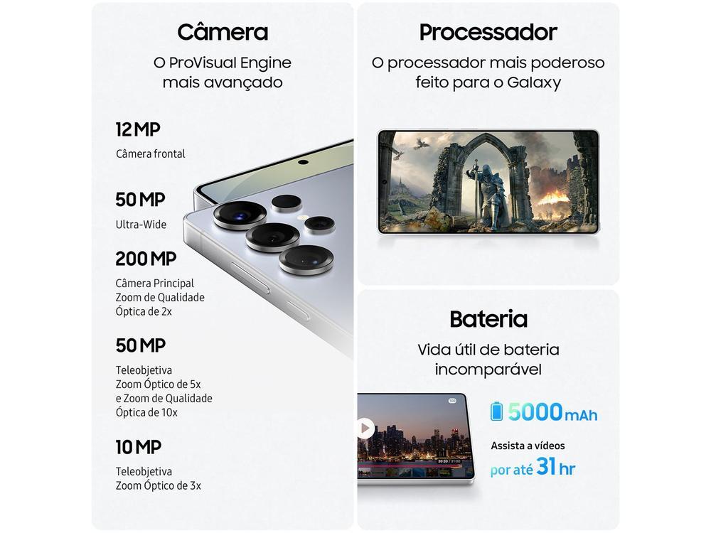 Samsung Galaxy S25 Ultra 5G 256GB Galaxy AI Titânio Preto 6,9" 12GB RAM Câm. Quádrupla 200+50+10+50MP Bateria 5000mAh Dual Chip - 5