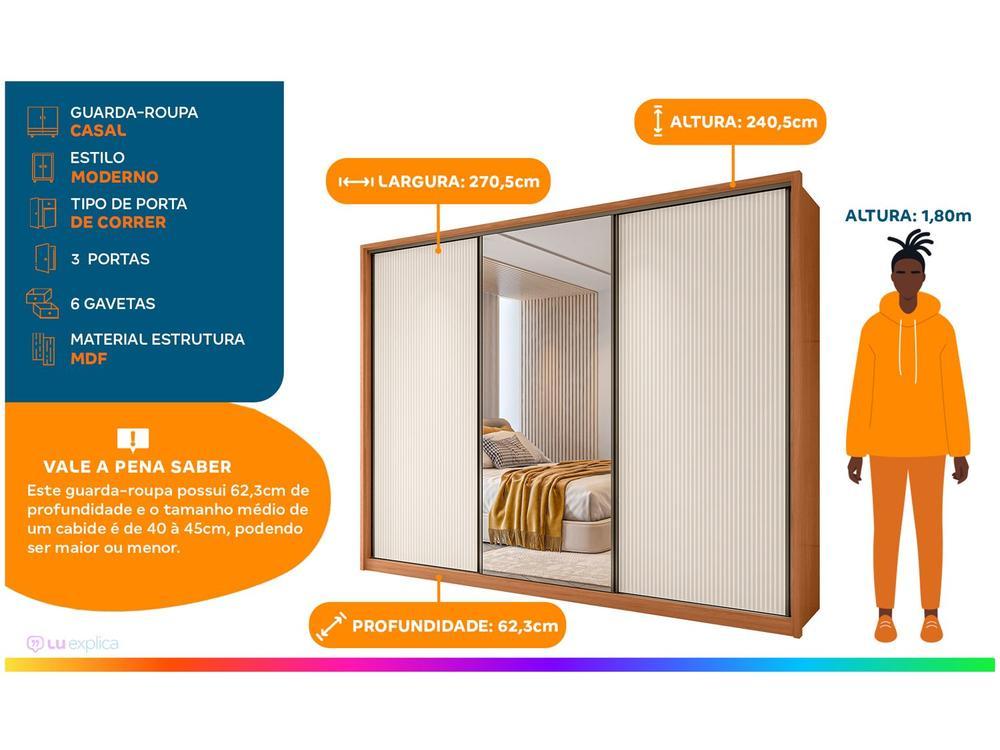 Guarda-roupa Casal com Espelho 6 Gavetas 3 Portas de Correr Caemmun Spazio - 2