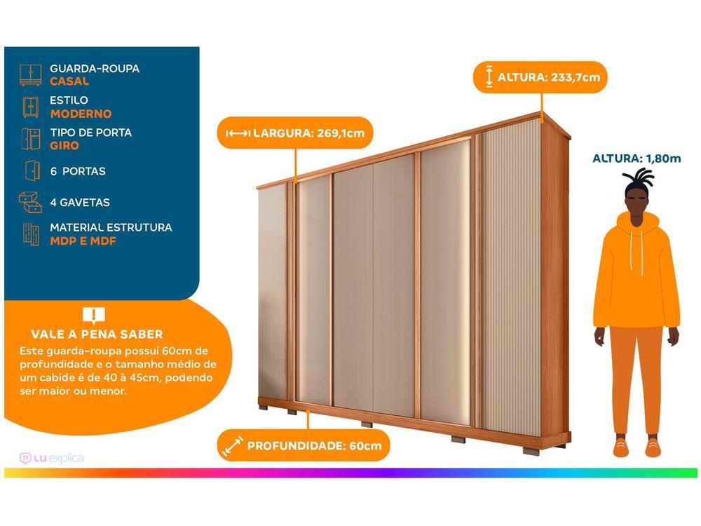Guarda-roupa Casal 4 Gavetas 6 Portas Caemmun Mestre - 3