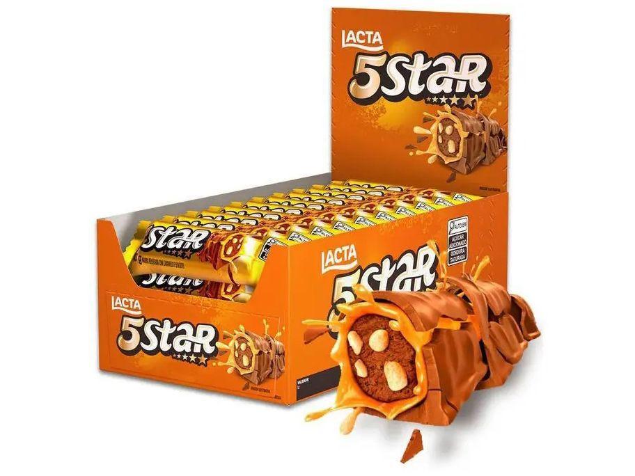 Chocolate 5 Star Recheado com Caramelo e Biscoito Display com 18 Unidades de 40g Lacta - 5