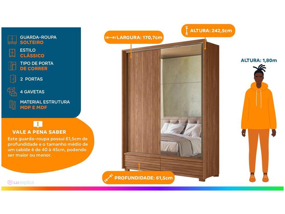 Guarda-roupa Solteiro com Espelho 4 Gavetas 2 Portas Santos Andirá Democrata - 3