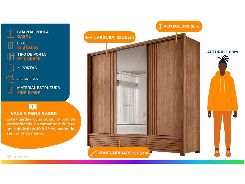 Guarda-roupa Casal com Espelho 5 Gavetas 3 Portas de Correr Santos Andirá Democrata - 3