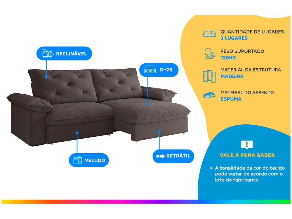 Sofá 3 Lugares Retrátil Reclinável Veludo Vancouver Besthouse - 2