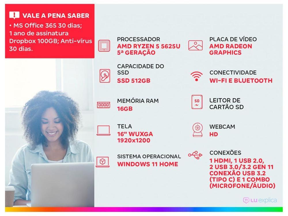 Notebook Vaio FE16 VJFE69F11X-B0721H AMD Ryzen 5 5625U 16GB 512GB SSD 16" WUXGA Windows 11 AMD Radeon Graphics 3344643 - 2